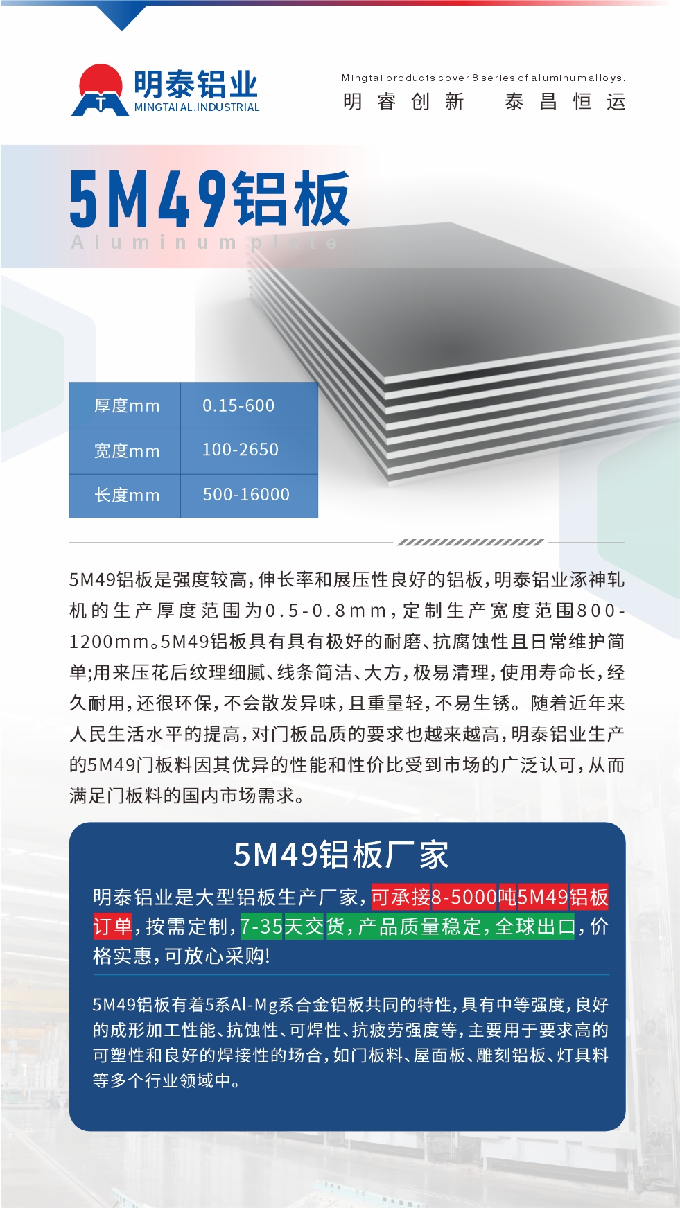 5M49鋁板是強(qiáng)度較高，伸長率和展壓性良好的鋁板，明泰鋁業(yè)涿神軋機(jī)的生產(chǎn)厚度范圍為0.5-0.8mm，定制生產(chǎn)寬度范圍800-1200mm。5M49鋁板具有具有極好的耐磨、抗腐蝕性且日常維護(hù)簡單;用來壓花后紋理細(xì)膩、線條簡潔、大方，極易清理，使用壽命長，經(jīng)久耐用，還很環(huán)保，不會(huì)散發(fā)異味，且重量輕，不易生銹。 隨著近年來人民生活水平的提高，對(duì)門板品質(zhì)的要求也越來越高，明泰鋁業(yè)生產(chǎn)的5M49門板料因其優(yōu)異的性能和性價(jià)比受到市場的廣泛認(rèn)可，從而滿足門板料的國內(nèi)市場需求。
